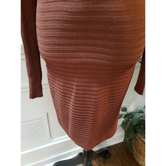 Forever 21 Fit & Flare Dress Women's Size OX Brown Rayon Ribbed Knit Long Sleeve - Picture 11 of 13